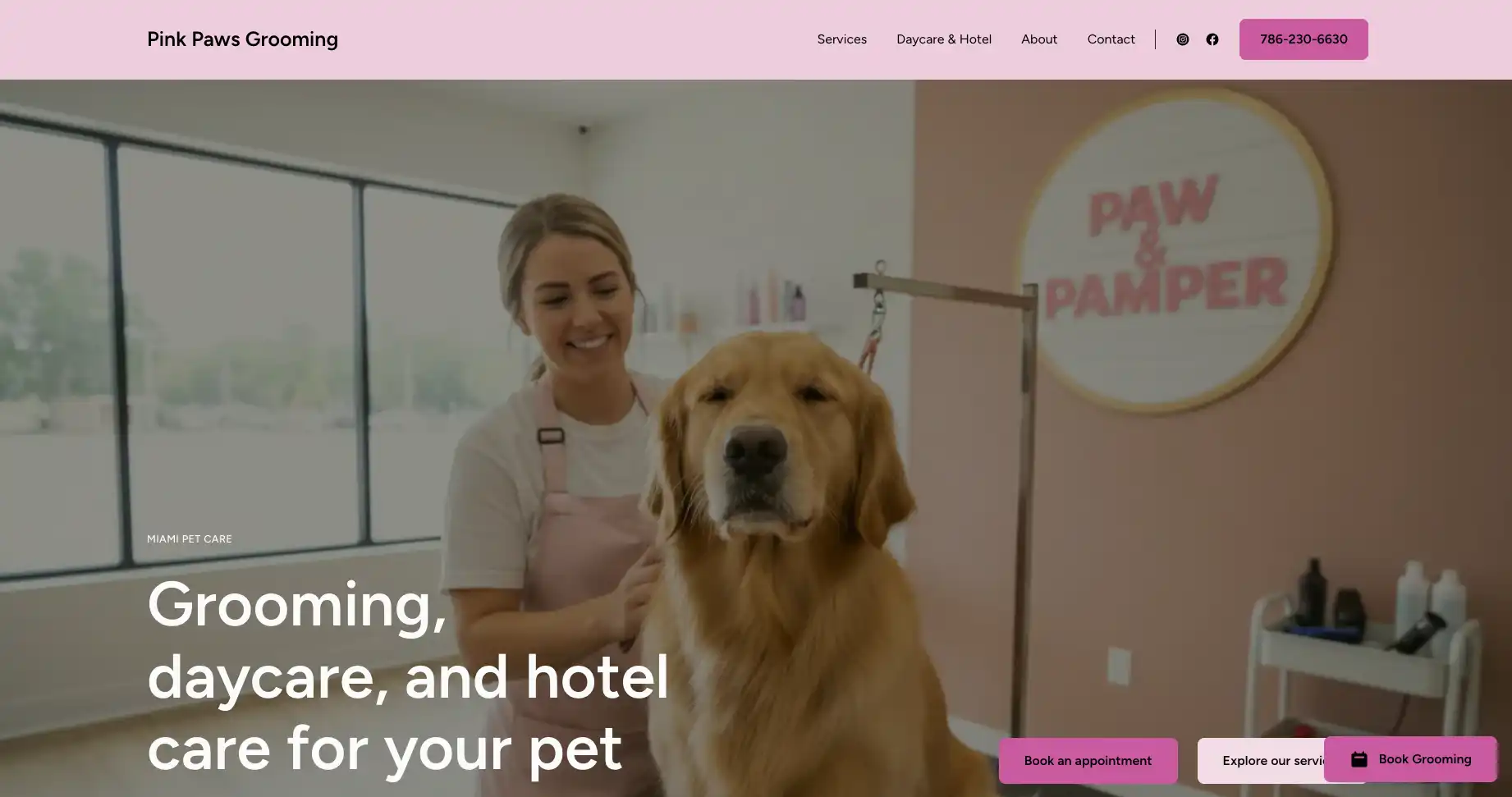 Pet Grooming and Daycare website homepage