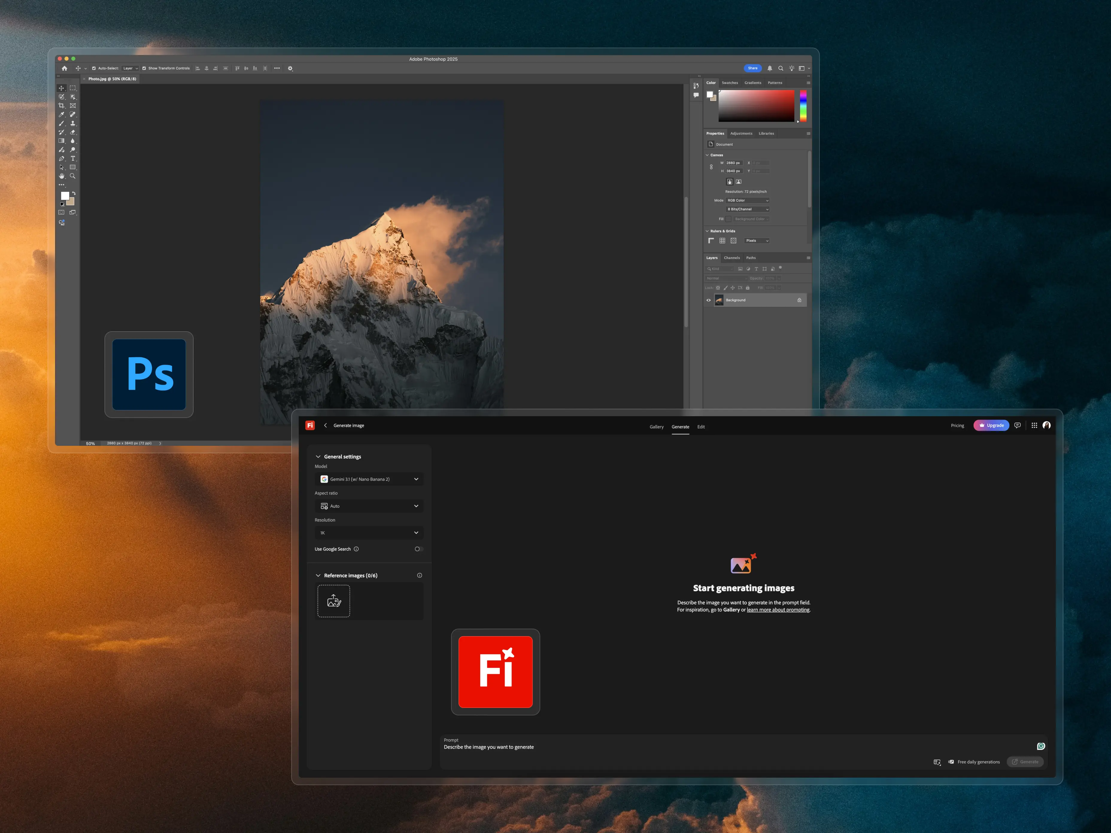 Comparison of noun vs verb-based UIs. Adobe Photoshop UI (top) contains a canvas and buttons for each basic operation. Adobe Firefly (bottom) is used through the prompt box.