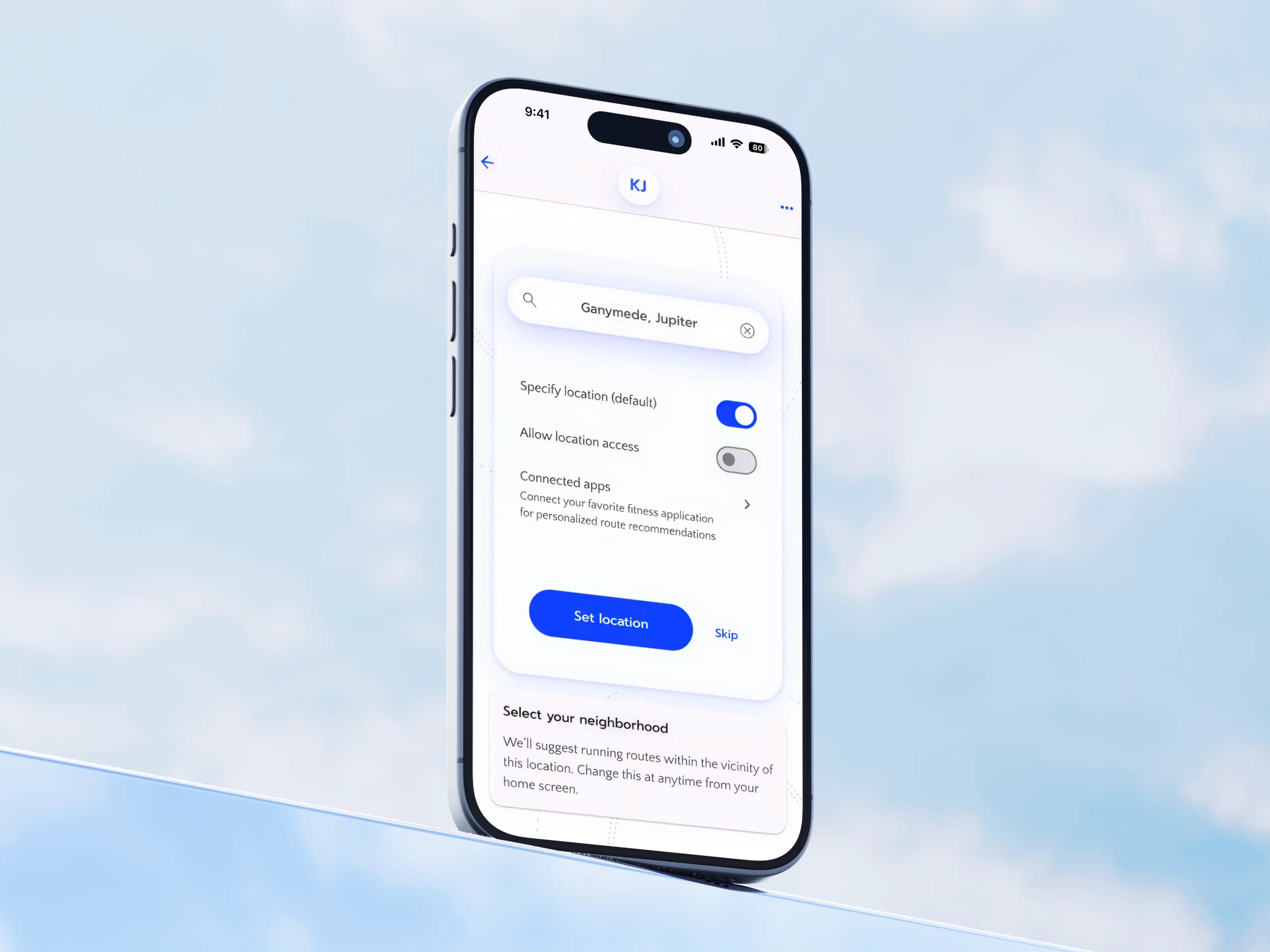 Run app location permission screen showing a neighborhood search field, location toggles, and a "Set location" button with explanatory text below.