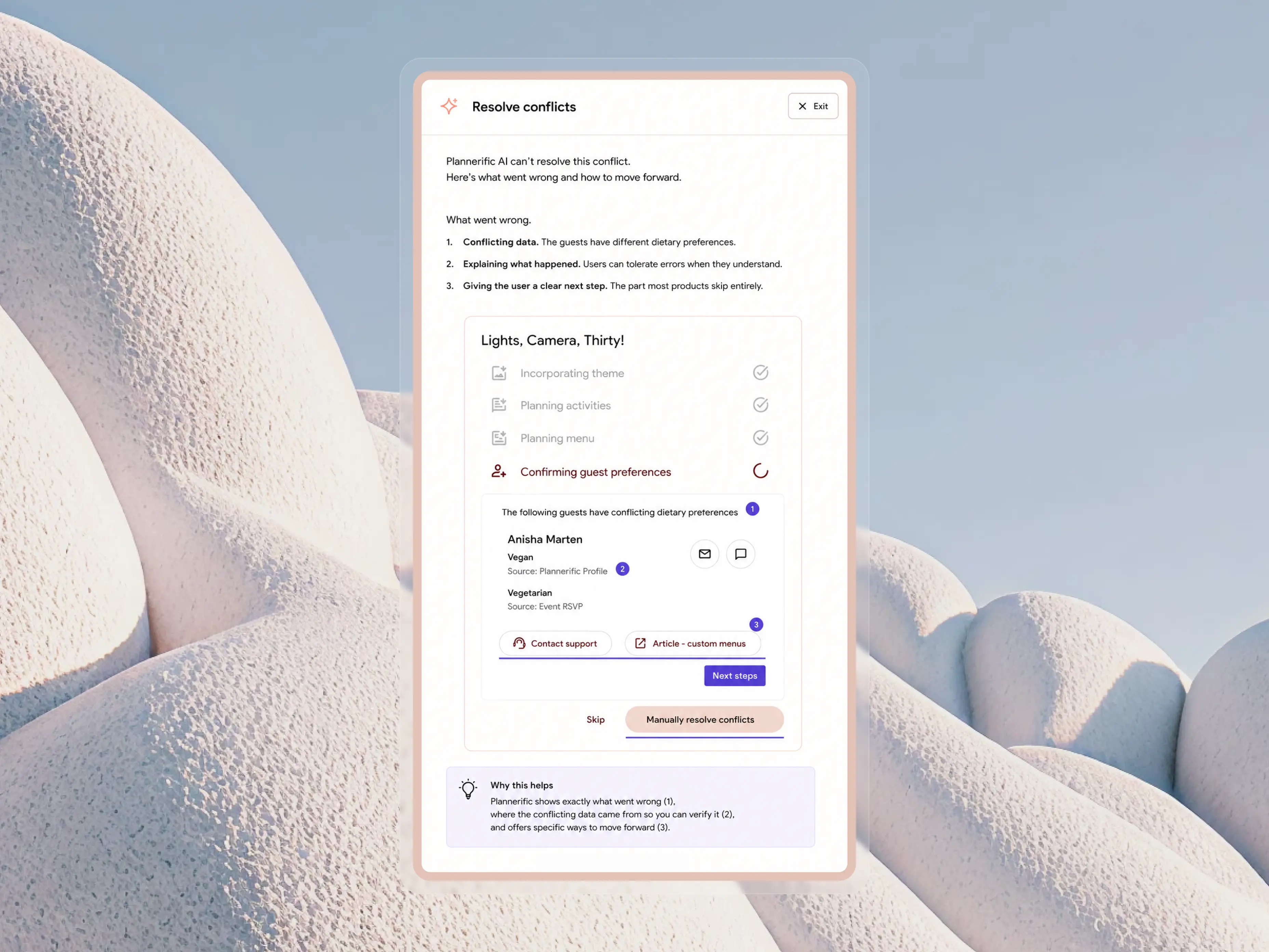 Plannerific's AI hits a conflict it can't resolve, so it names exactly what went wrong, shows where the conflicting data came from so the user can verify it, and offers specific ways to move forward