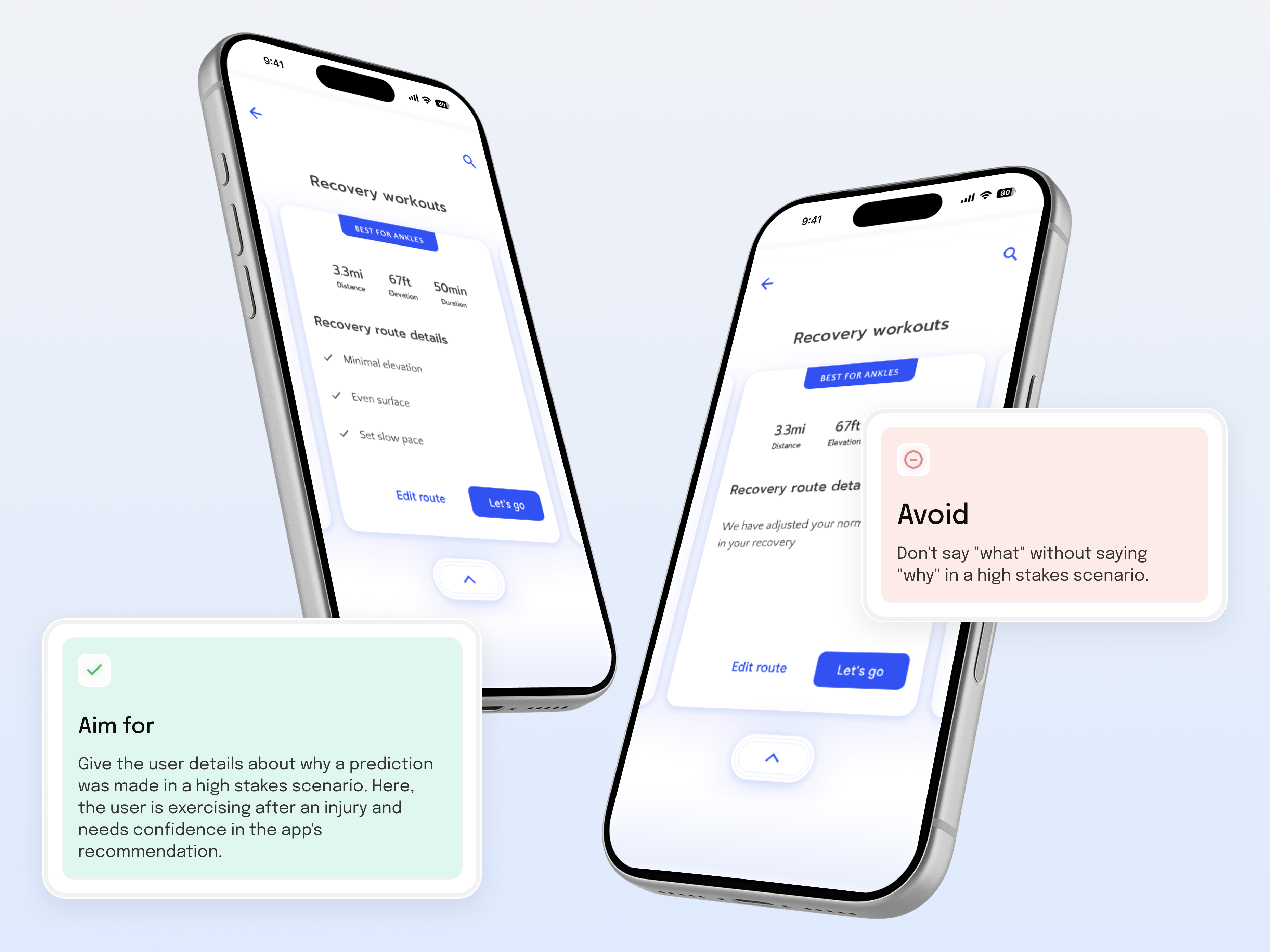 Two app screens showing the same workout recommendation. Left screen lists the reasons behind it; right screen only states the outcome.