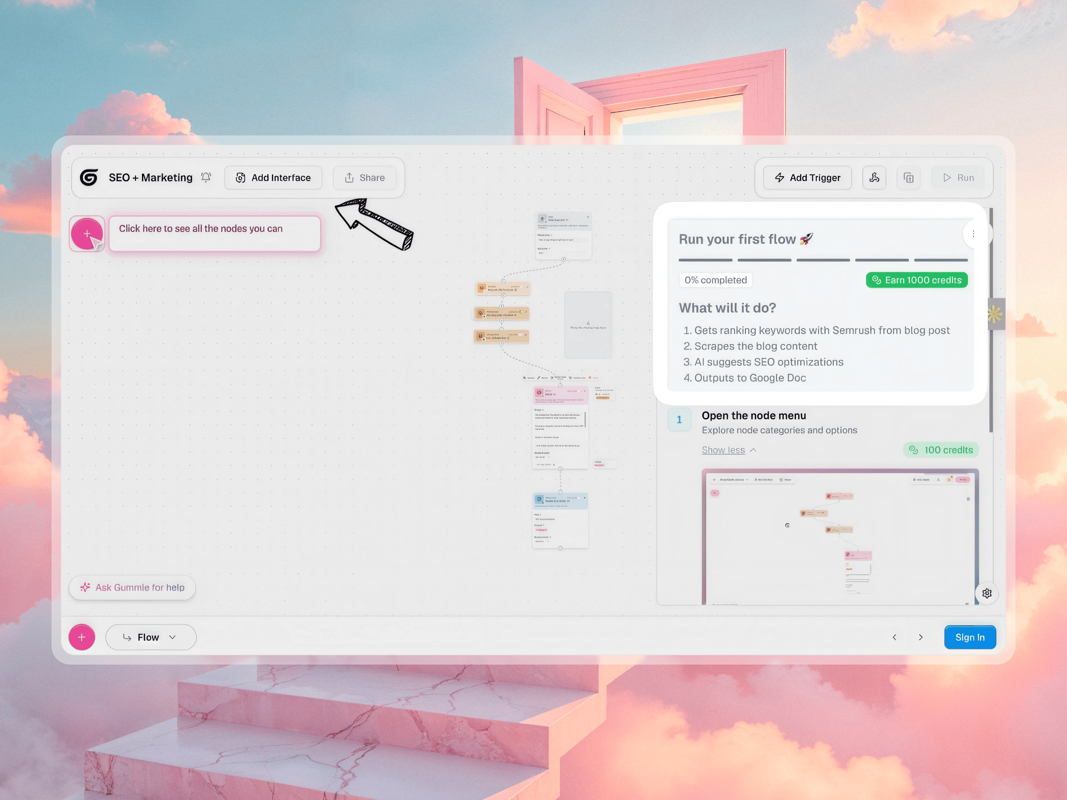 A workflow canvas with connected nodes on the left and a plain-English breakdown of what the automation will do on the right in Gumloop.