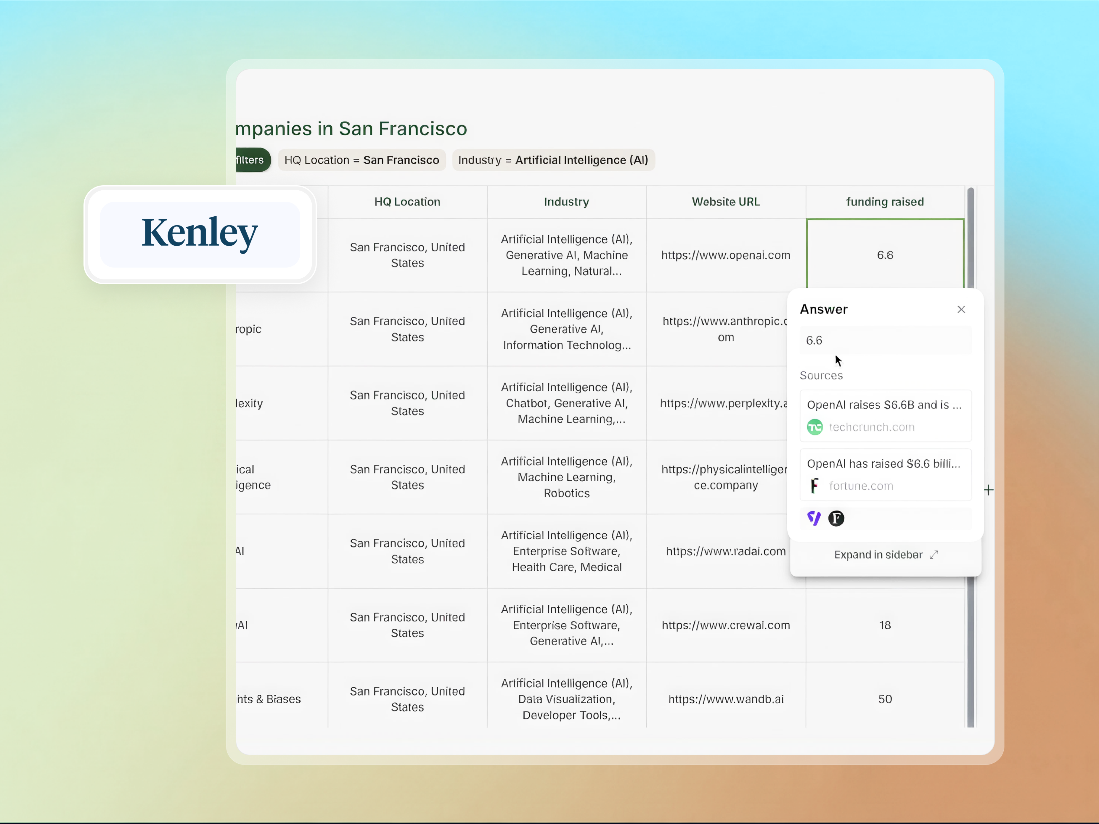 A data table with AI-generated results in AnswerGrid. One cell is open showing the answer and two clickable sources below it.