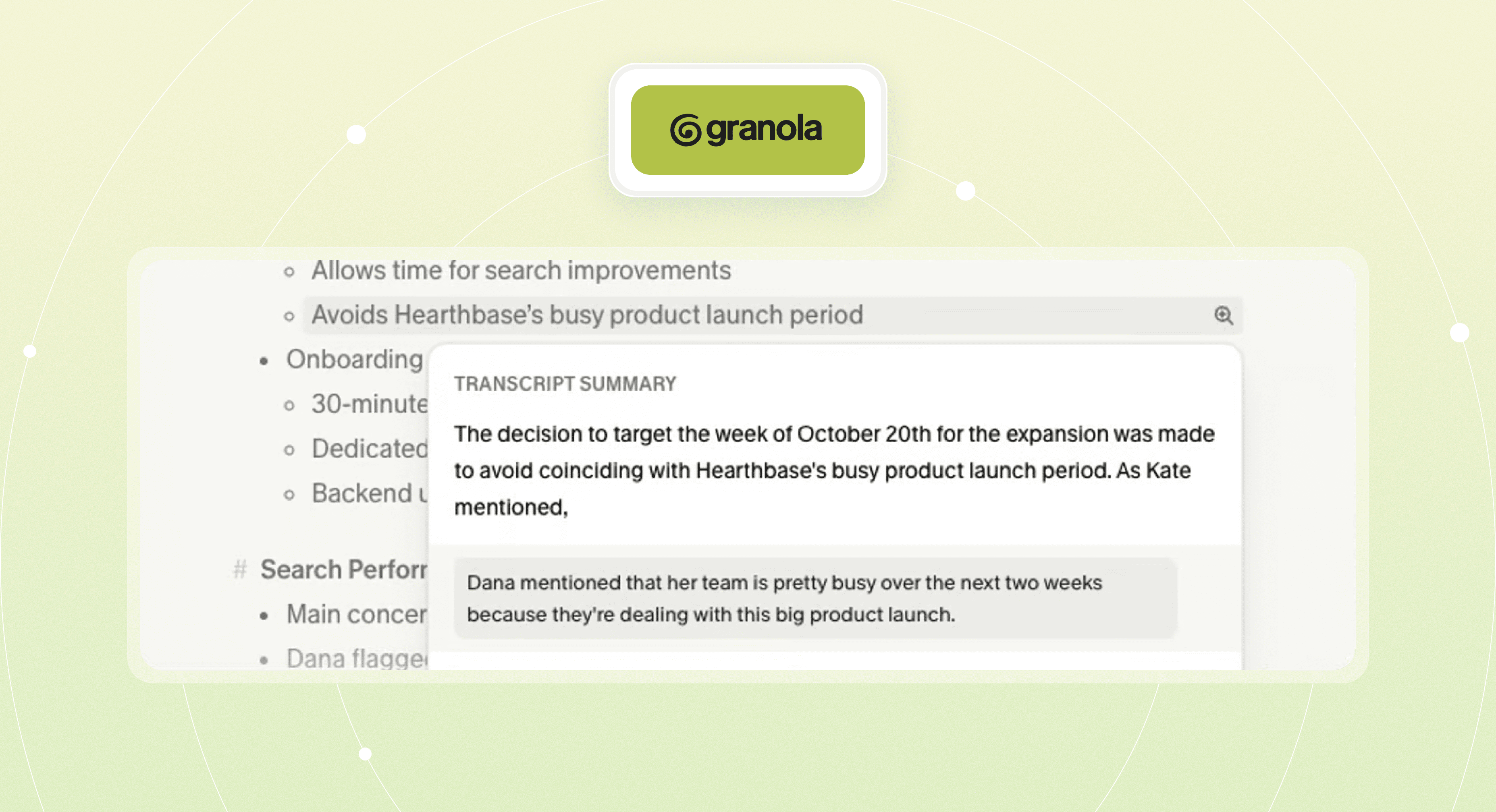A meeting notes screen with a popover open showing a transcript summary from the Granola app. The summary traces an AI-generated note back to the specific moment in the meeting where it was said.