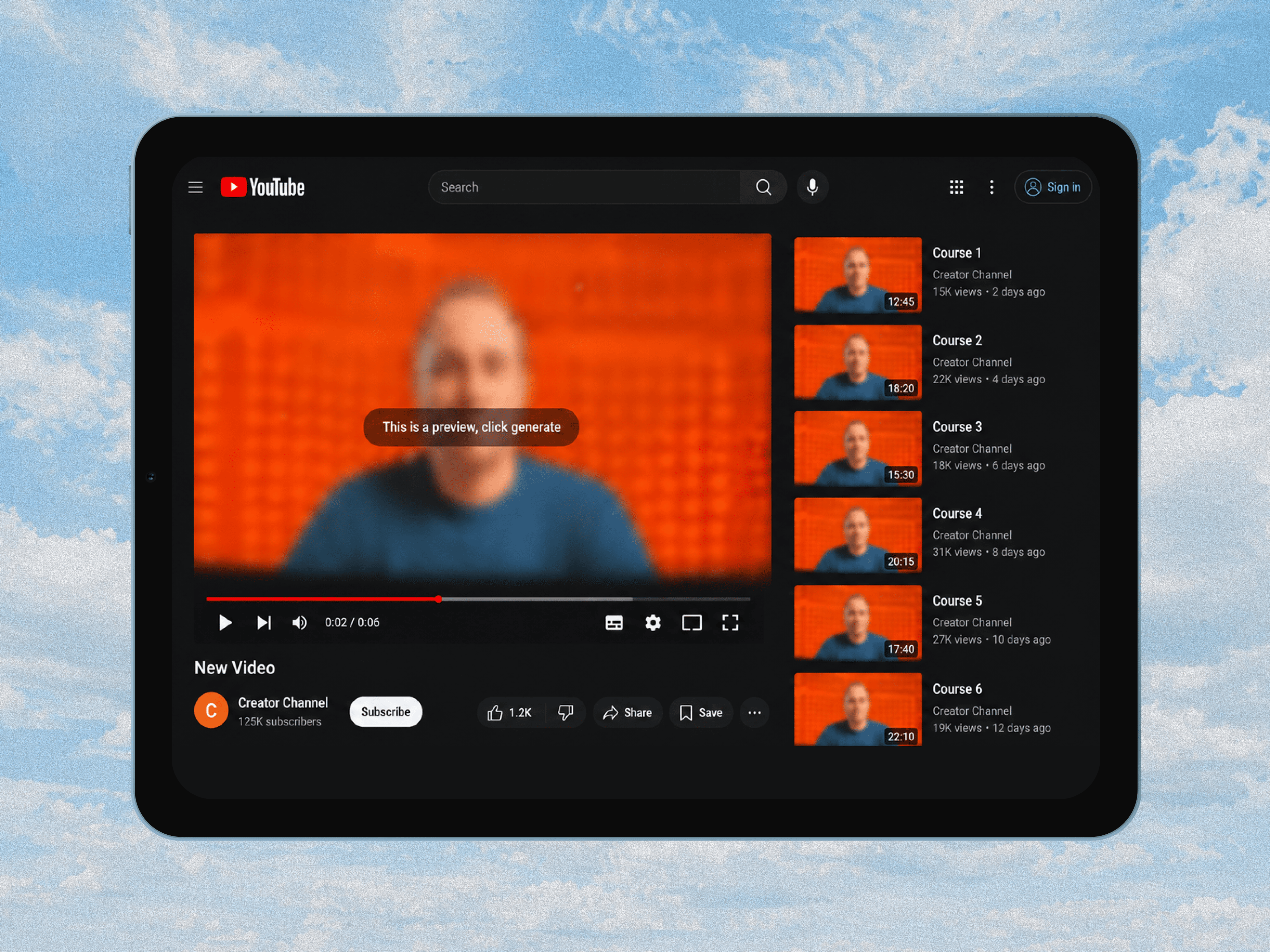 A blurred video preview with the label "This is a preview, click generate" in the center in Argil app.