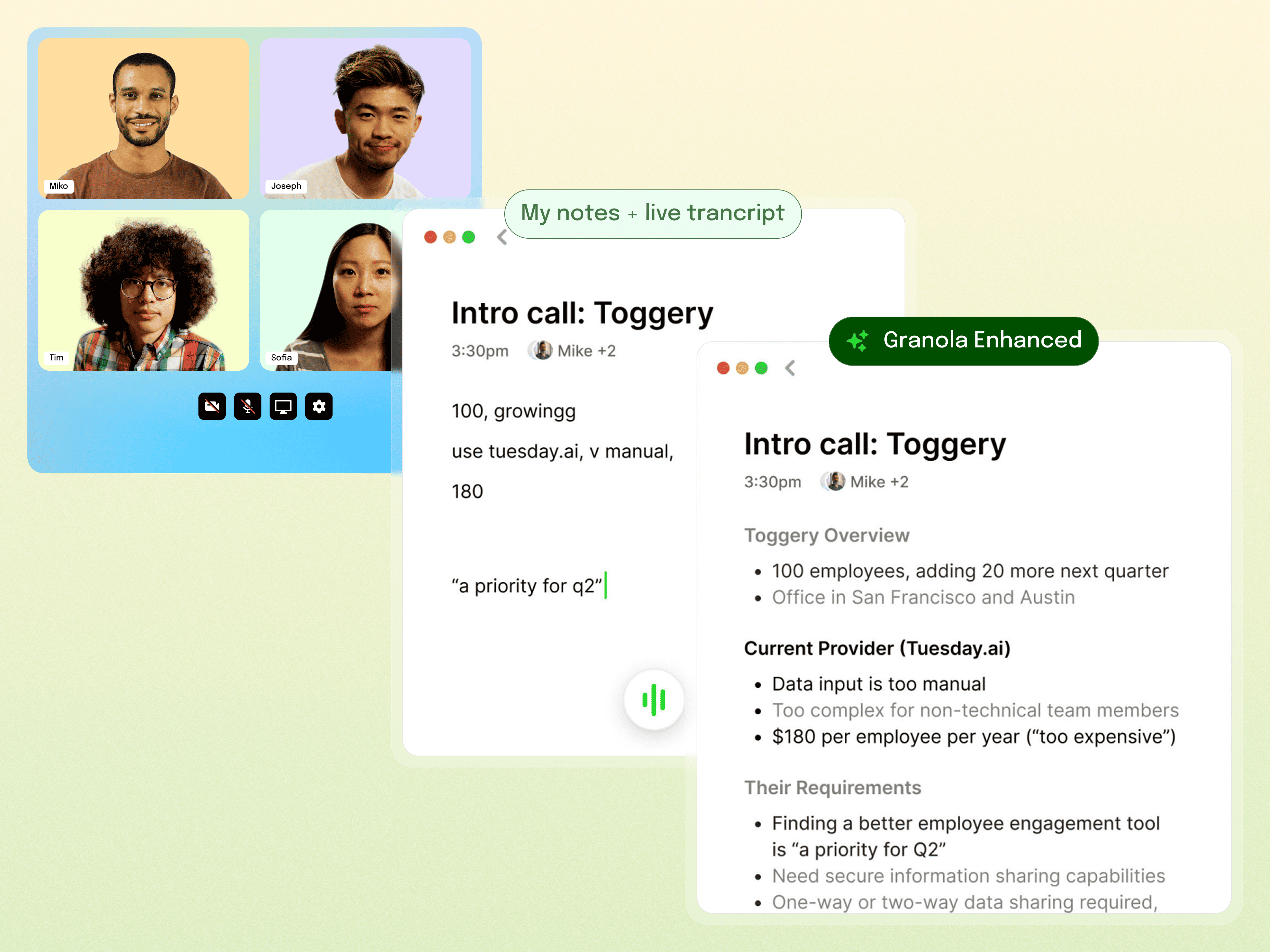 Two side-by-side windows showing the same meeting in Granola app. Left window shows raw notes; right window shows the AI-enhanced structured summary.