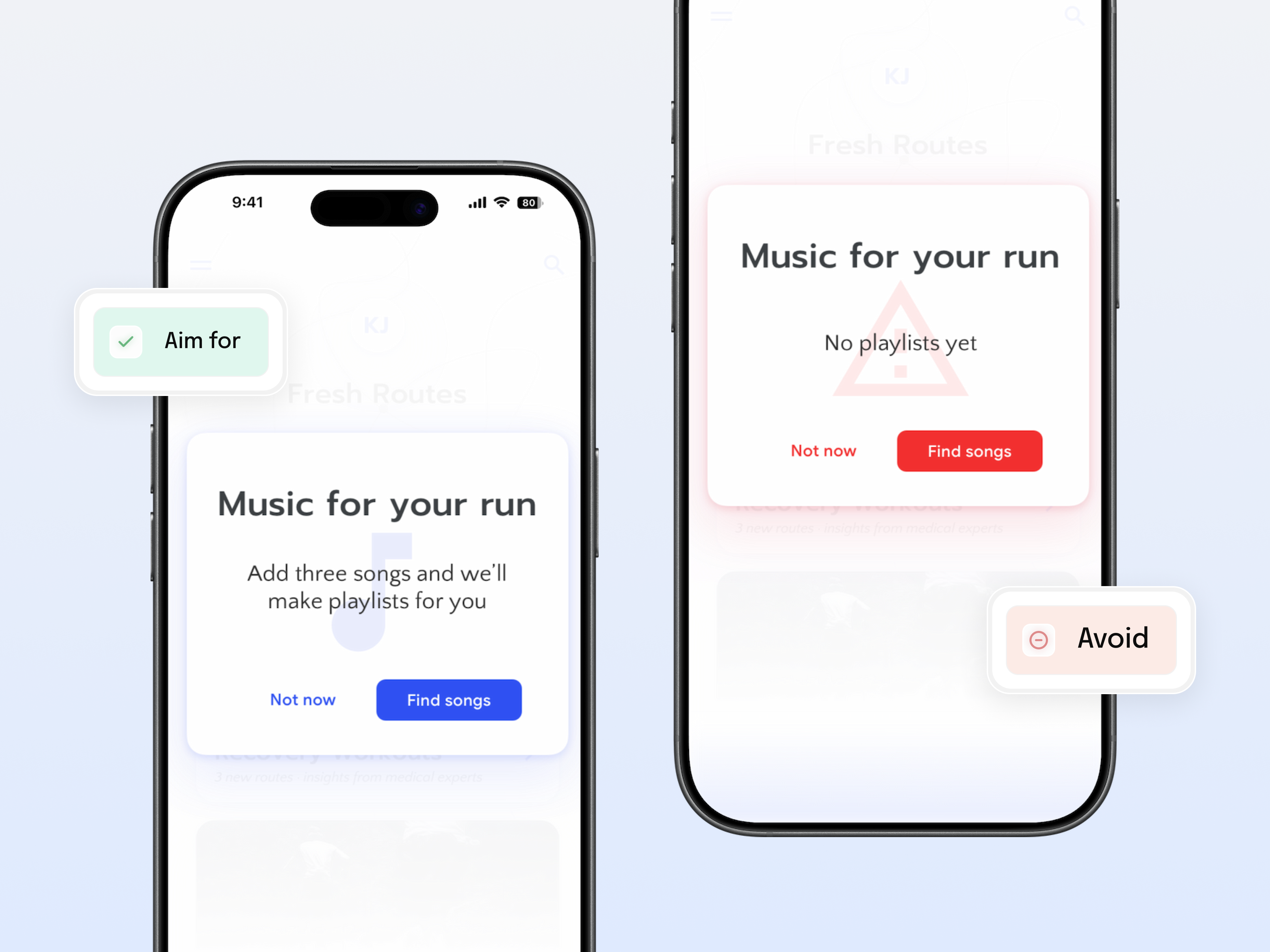 Two app screens showing different error states for a missing playlist feature. Left screen explains what's needed; right screen shows a generic error.