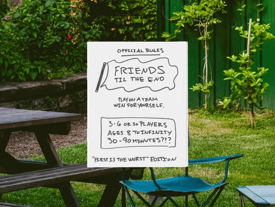 Rule book for Friends Til The End displayed on a scenic background with a picnic table and chairs.