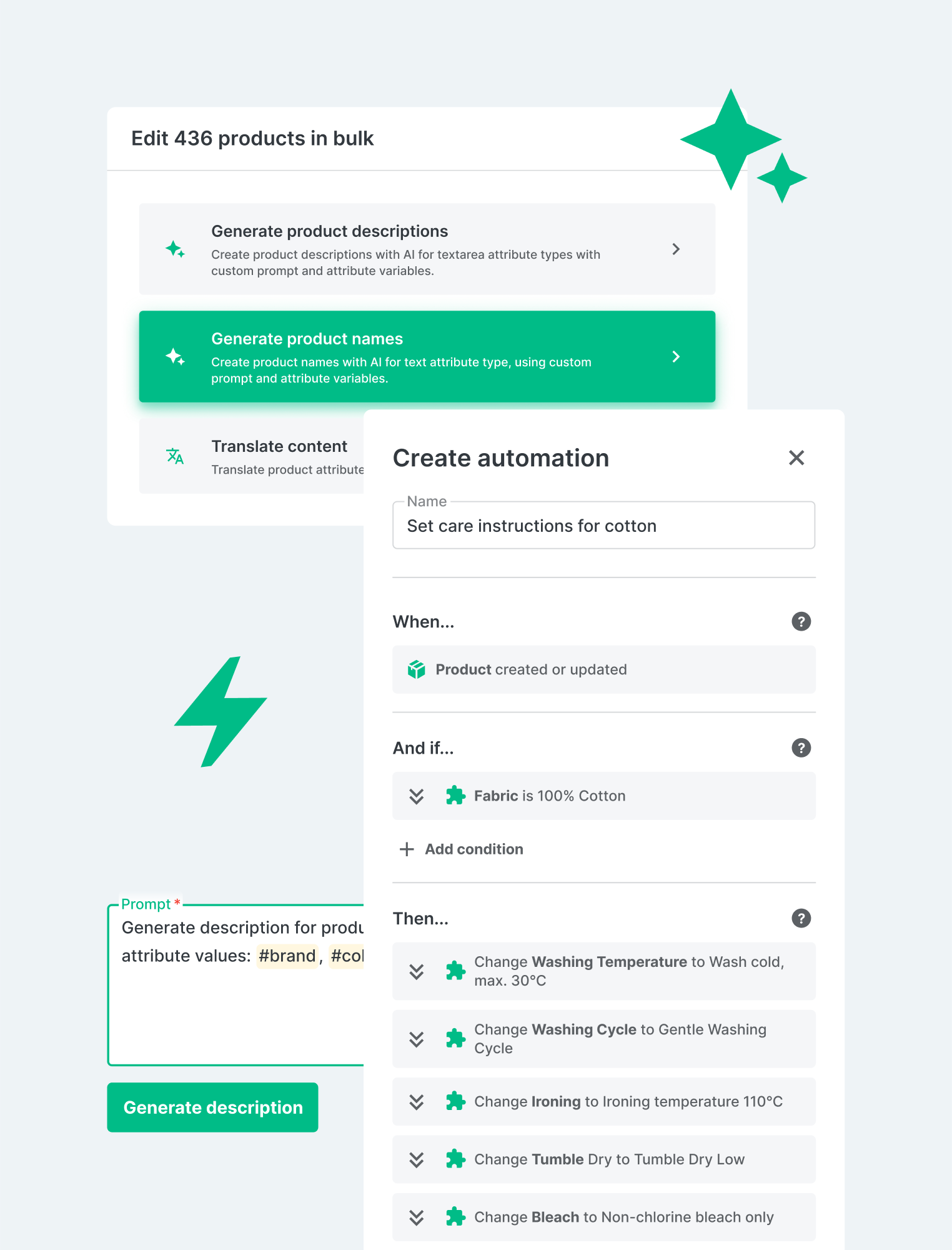 User interface showing bulk editing options for 436 products including generating descriptions, names, and translations, and a create automation panel to set care instructions for cotton products with conditions and actions for washing temperature, washing cycle, ironing, tumble dry, and bleach.