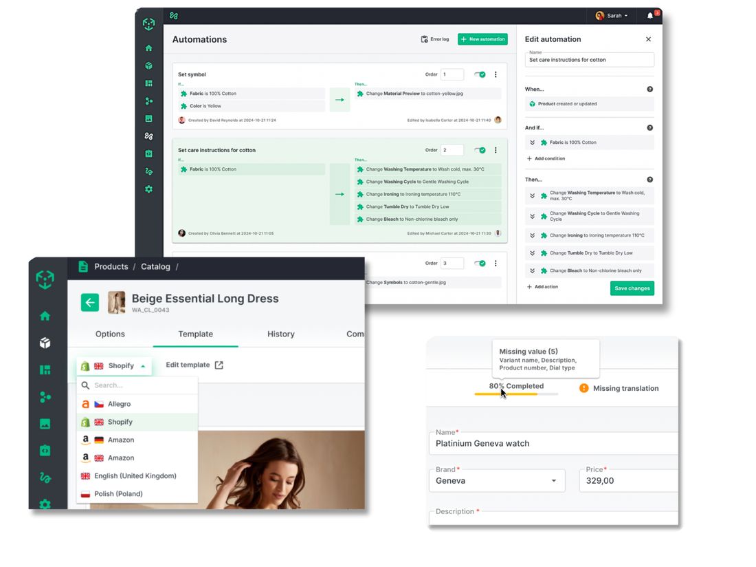 Panel automatyzacji i status kompletności produktu w Ergonode PIM