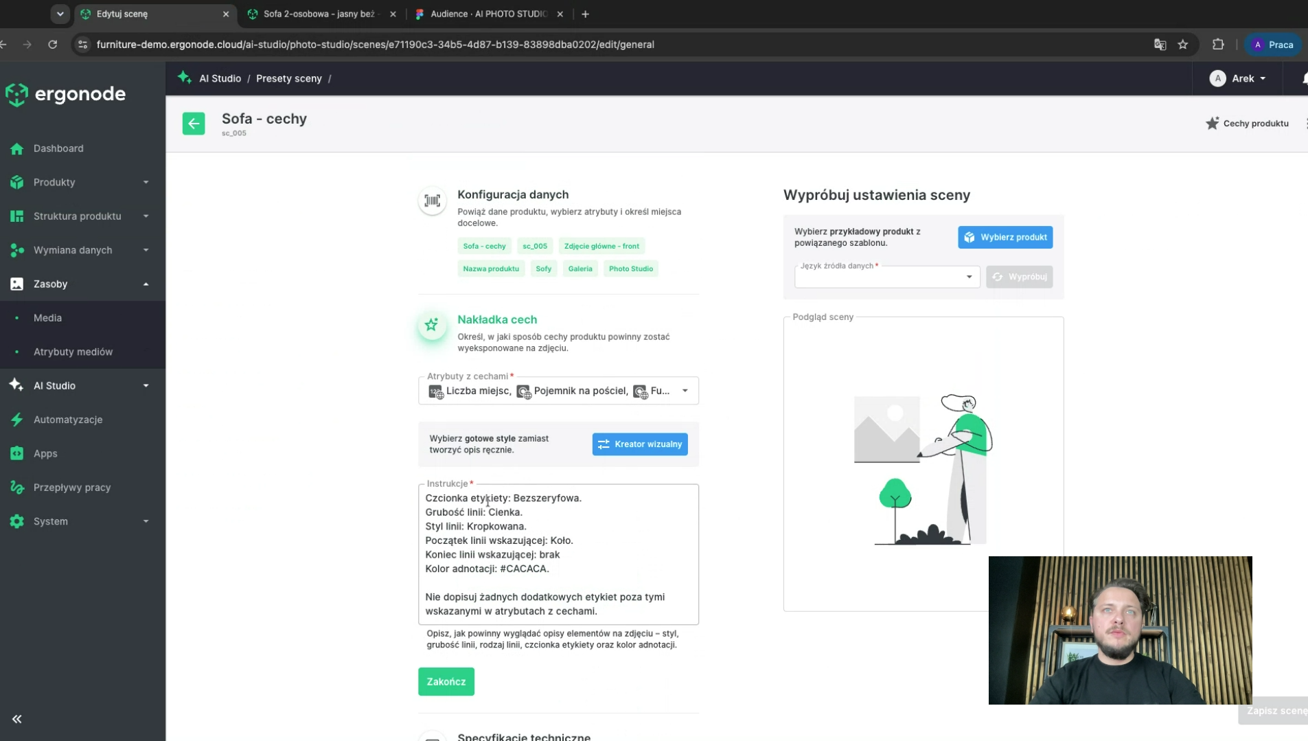 Konfiguracja sceny AI Studio powiązana z atrybutami produktu w Ergonode PIM