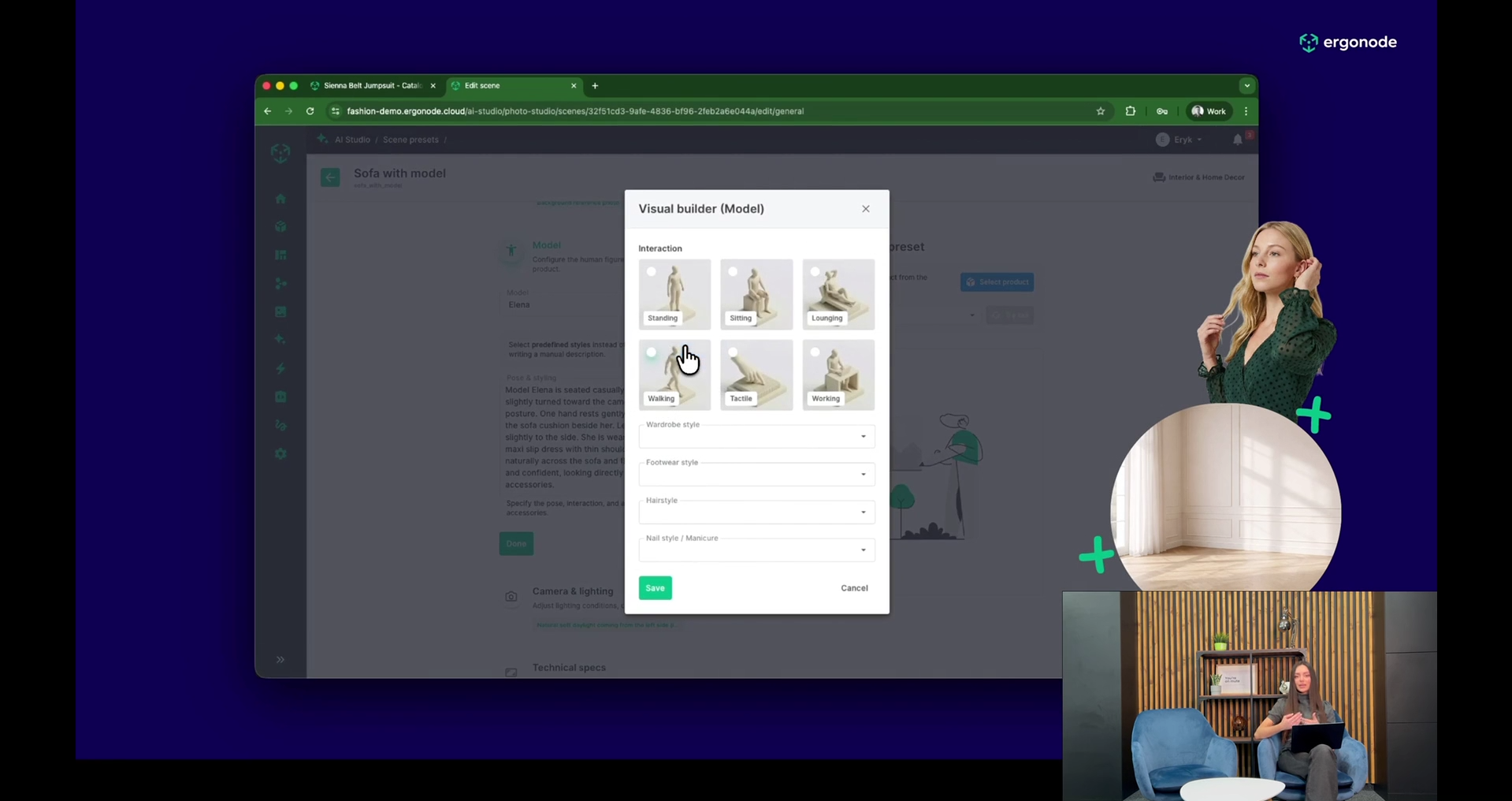 Visual builder — konfiguracja pozy, stylu ubioru i fryzury modela