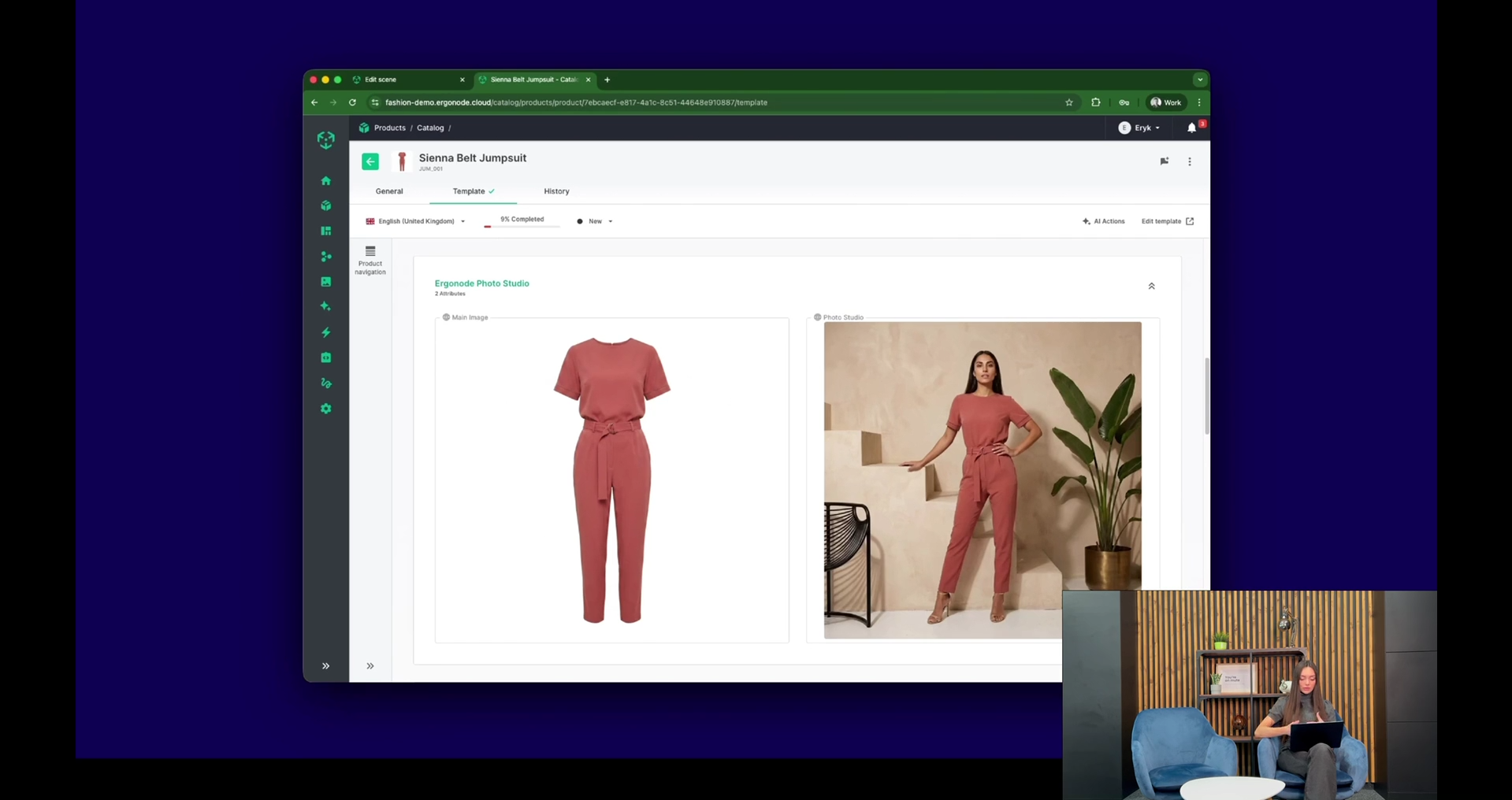 Karta produktu Sienna Belt Jumpsuit ze zdjęciem packshot i wygenerowanym zdjęciem lifestylowym obok siebie