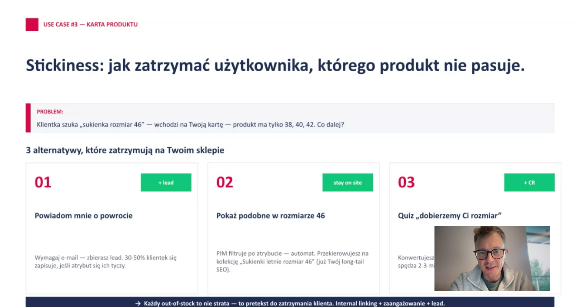 Slajd: stickiness karty produktu z webinaru