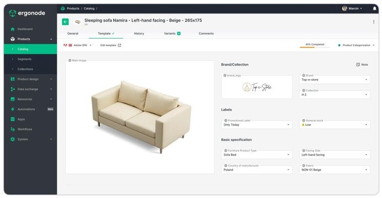 Ergonode PIM product card with AI-generated description fields