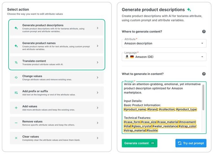 Ergonode PIM mass-generation panel for product descriptions