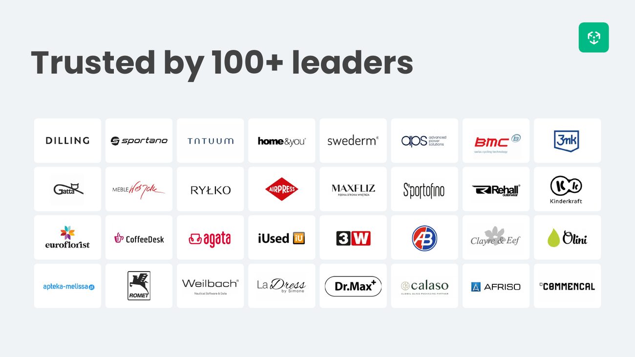 Logos of 100+ companies using Ergonode PIM, including Dilling, Sportano, Rehall, BMC, Kinderkraft, Euroflorist and more