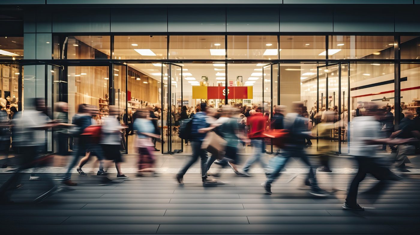 Shoppers in motion in front of a store entrance — Ergonode e-book cover