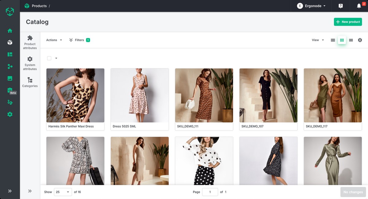 Ergonode PIM product catalog view showing a grid of clothing products