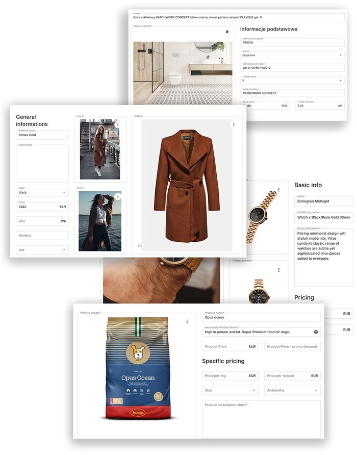 Ergonode product card screenshots showing coat, watch, and pet food listings with editable attributes
