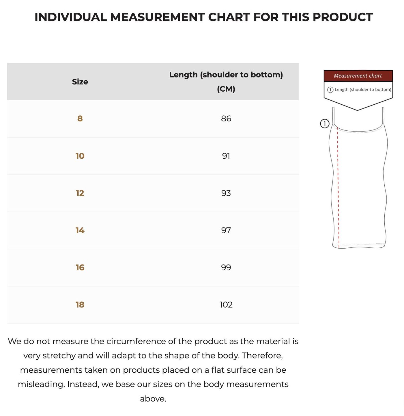 Dilling merino wool dress product page with an individual measurement chart for the product
