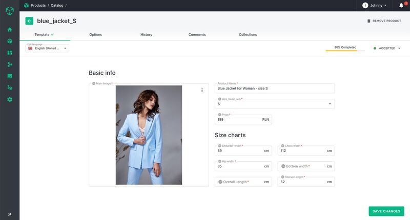 Ergonode PIM product card template with size chart fields: shoulder width, chest width, hip width, sleeve length