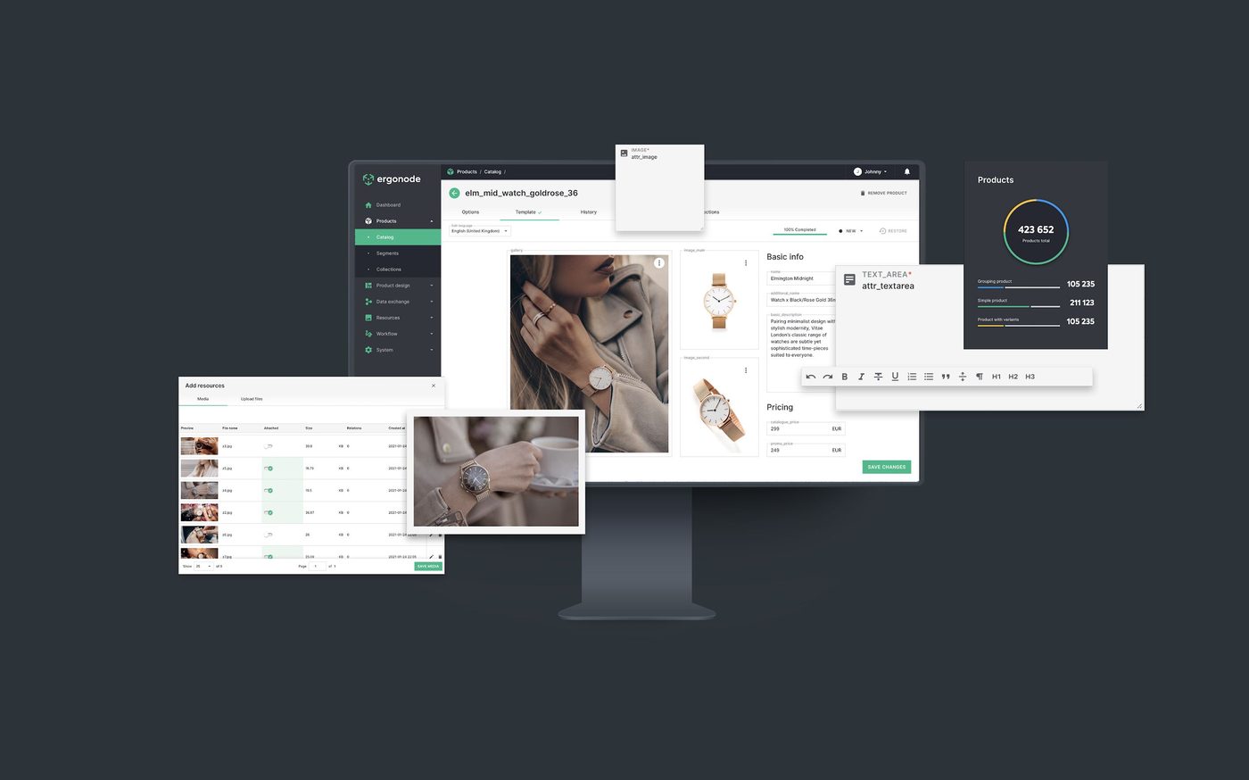 Ergonode product card, editing a watch product with images and pricing