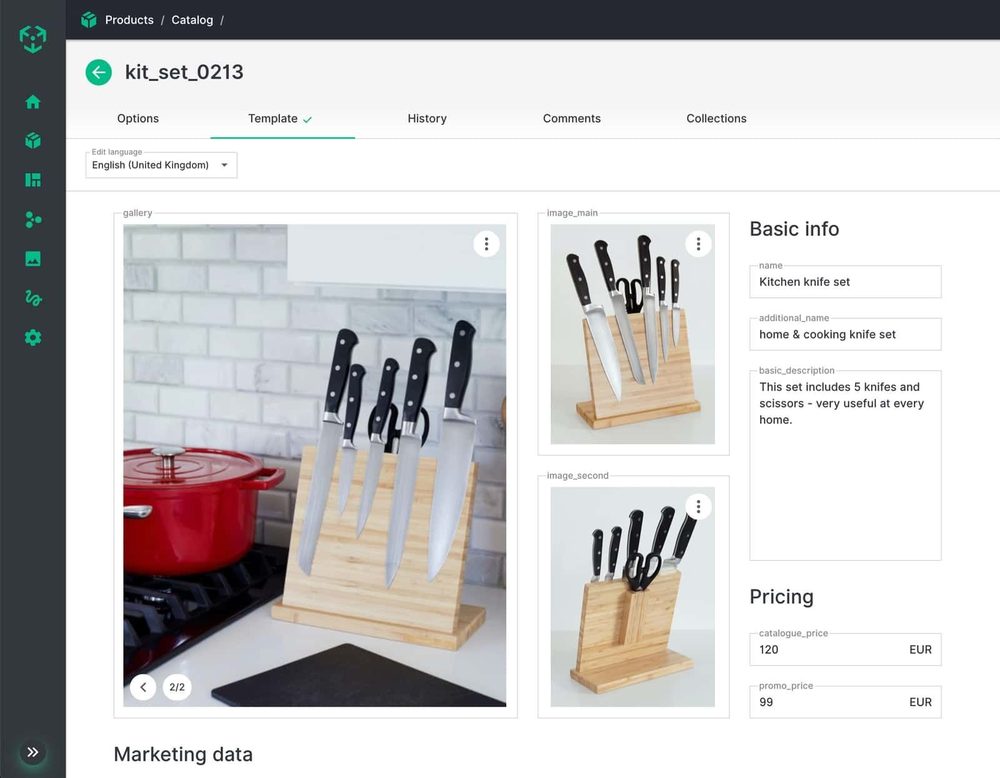 Ergonode Product Designer showing an image field and rich text field on a product page