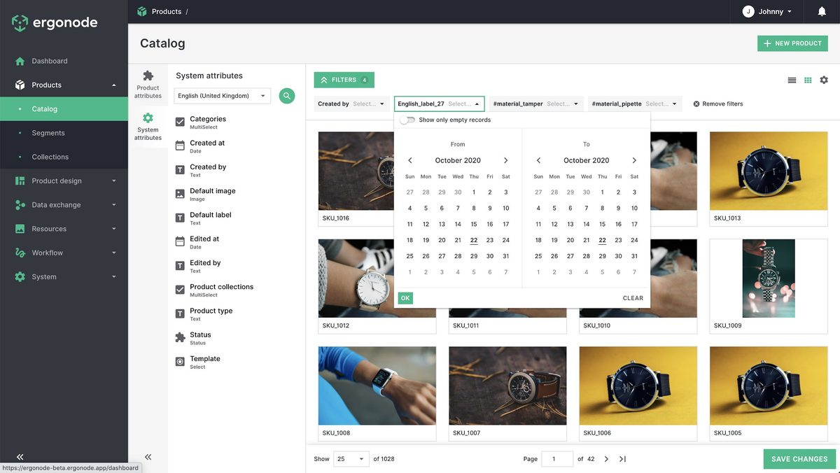 Ergonode advanced filtering and mass update with a date range picker