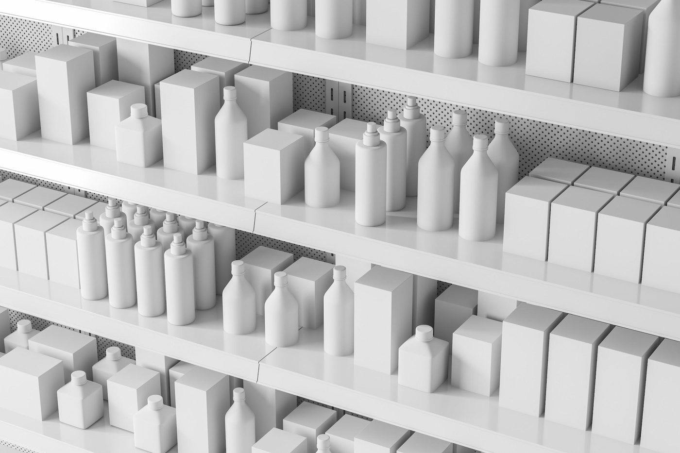 Retail shelf with product packaging, representing a full catalog ready for the digital era