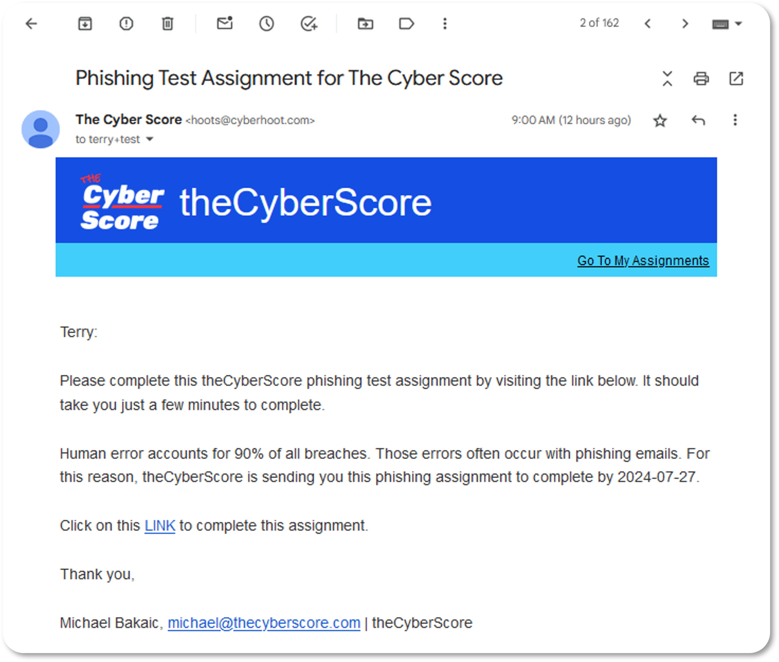 Cyber security awareness training sample email showing monthly compliance report
