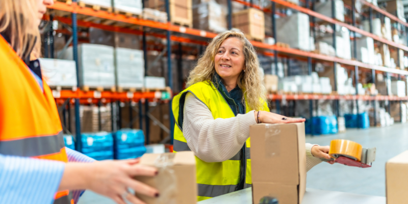 technology wholseler worker smiling while packing boxes in warehouse