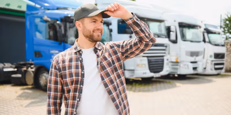 Small business owner smiling in front of trucks at transport business nz
