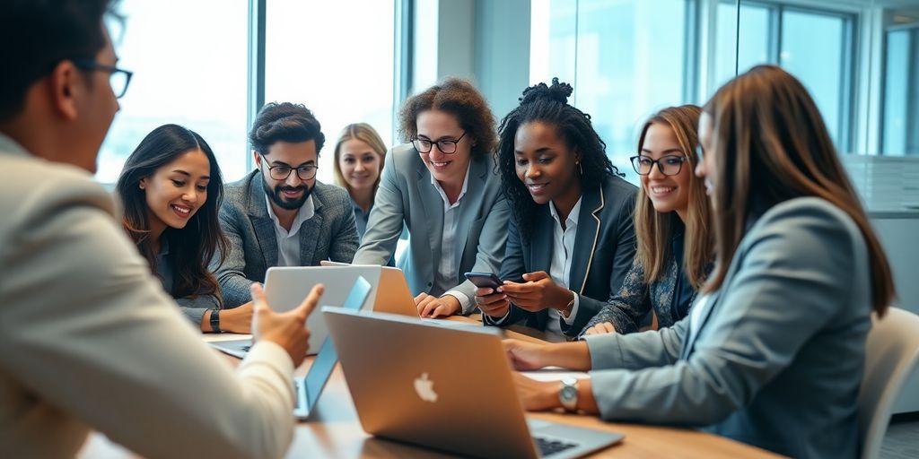 Professionals collaborating in a modern meeting environment.