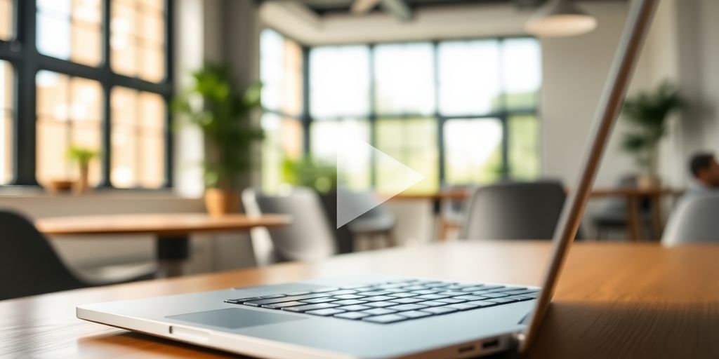 Laptop on desk with play button, office background.