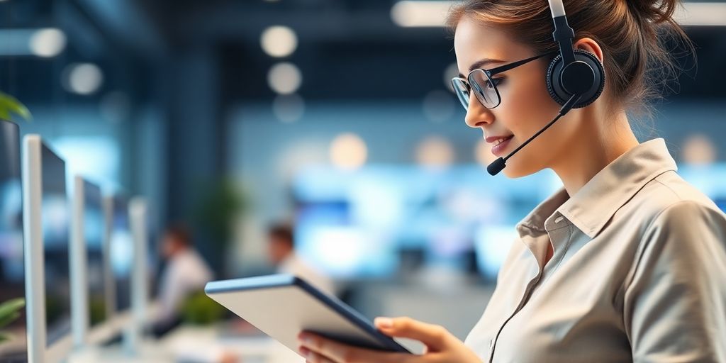 Call center agent using headset and tablet during coaching.