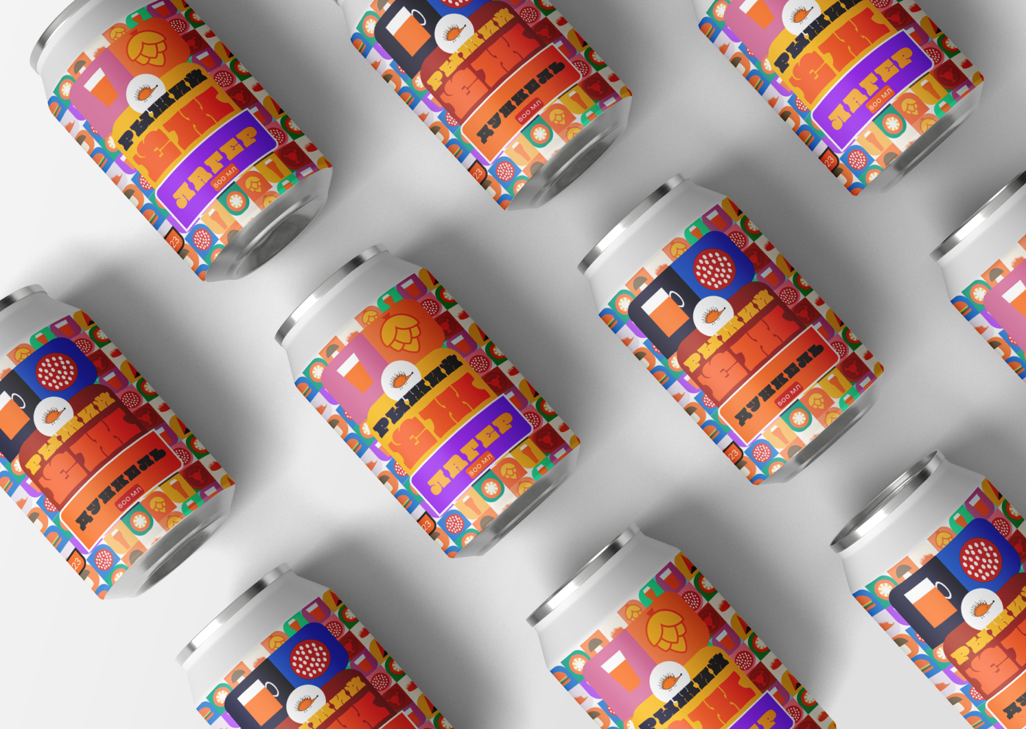 Пивные банки с этикеткой в мультипликационном стиле