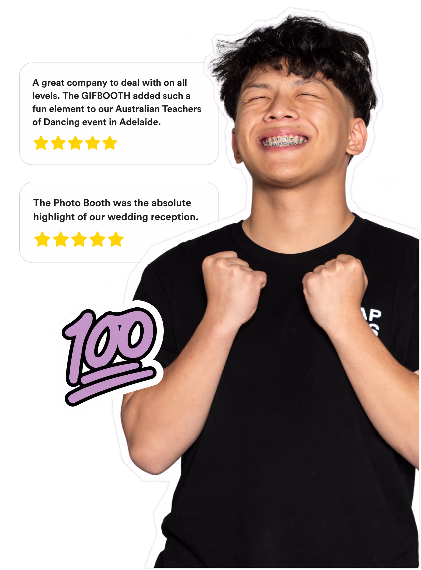 SNAP/SNAP team member celebrating next to 5-star client reviews