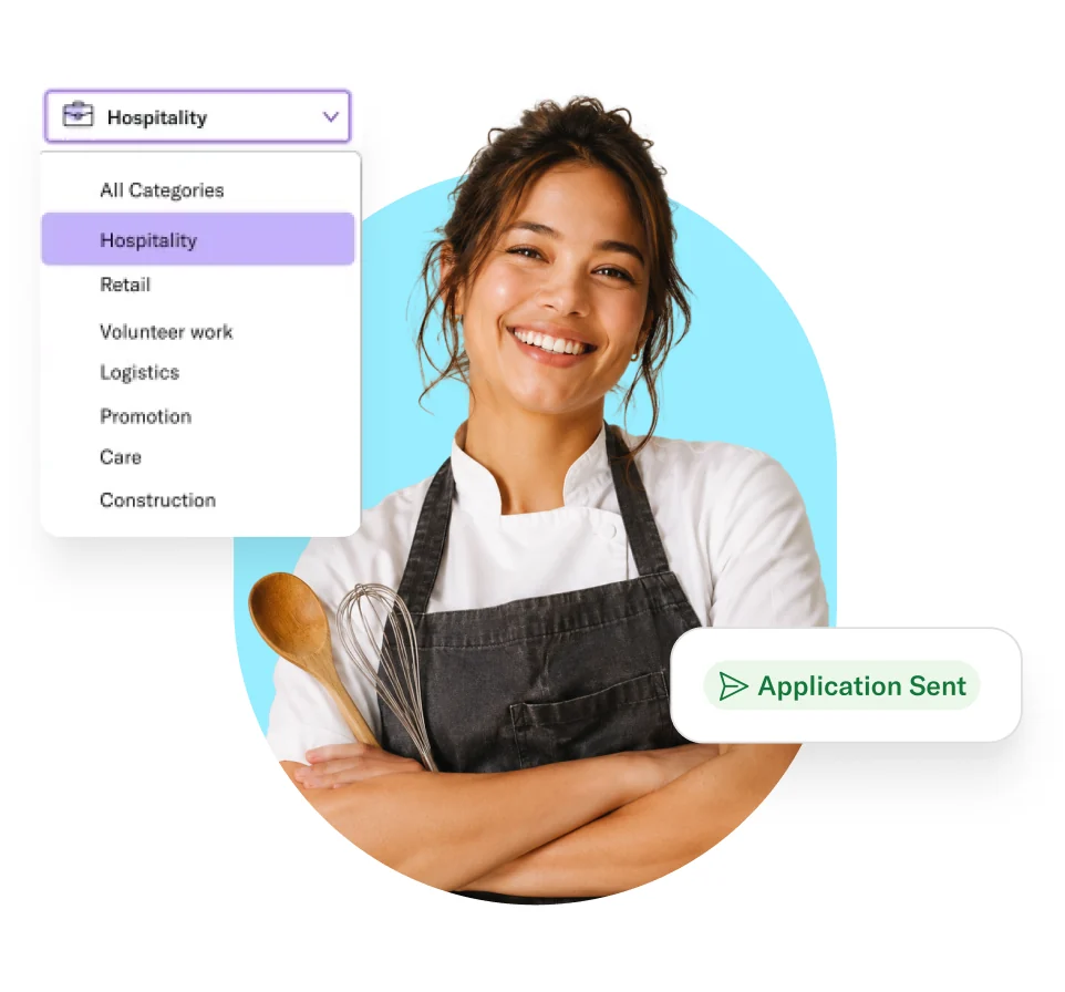 Smiling chef next to the Temper shift category filter and an 'Application sent' label