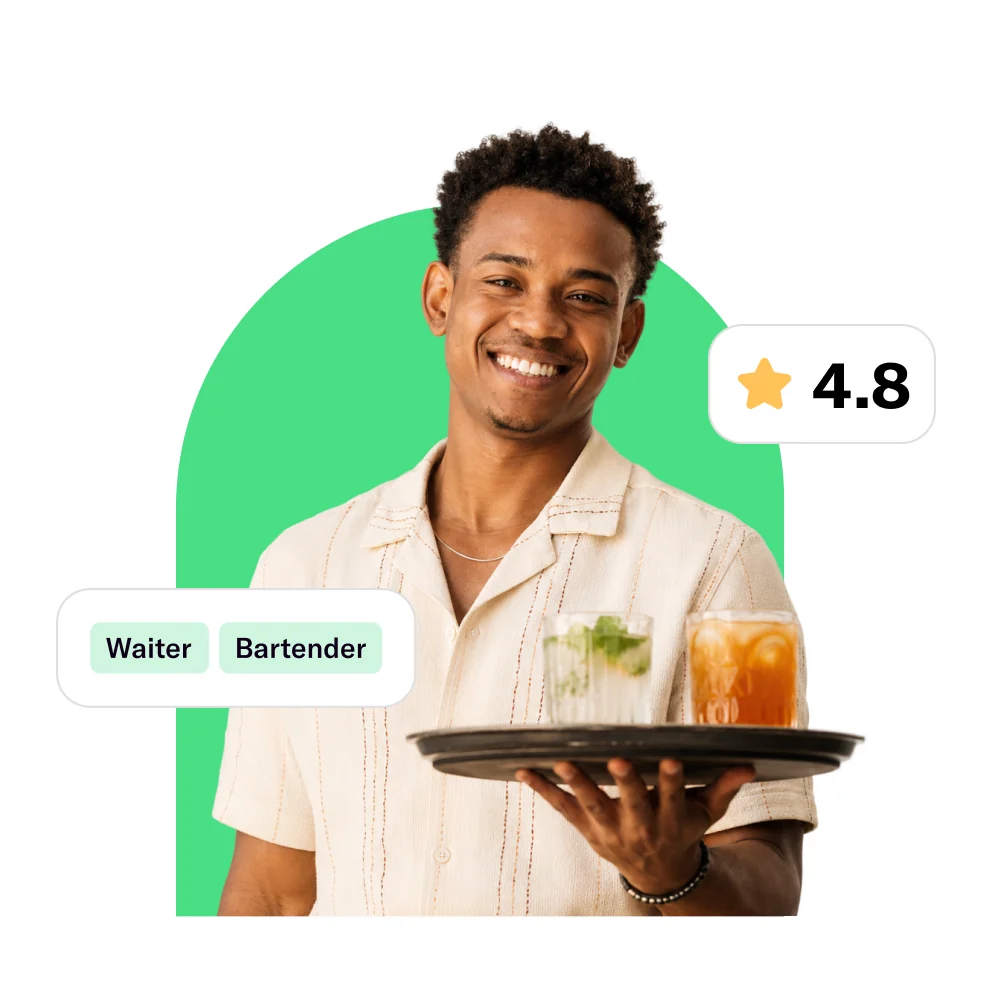 Professional holding a serving tray, with a 4.8 rating and Waiter and Bartender skill tags