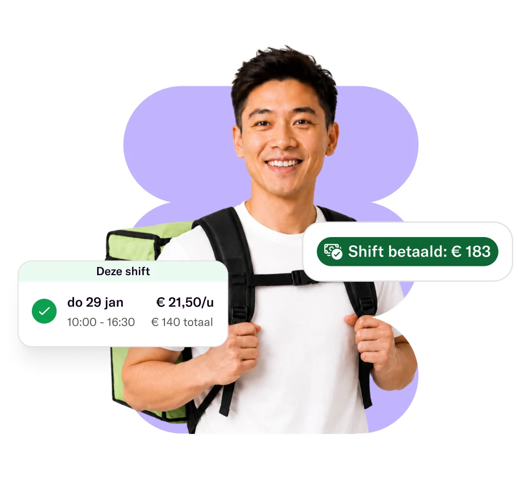 Professional with a delivery backpack, next to a Temper shift card for €21,5 per hour and a 'Shift paid: €183' label