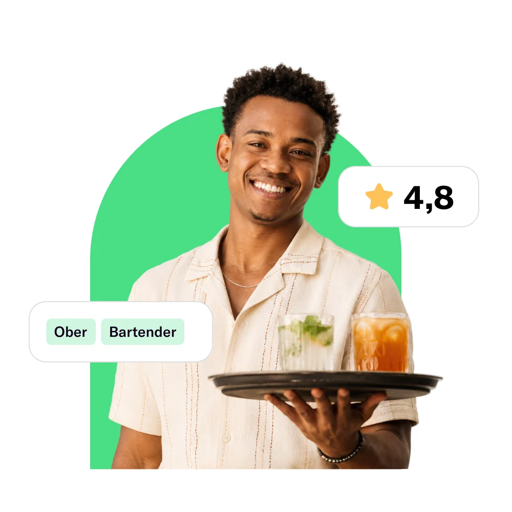 Professional holding a serving tray, with a 4.8 rating and Waiter and Bartender skill tags