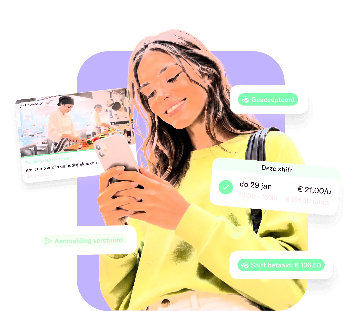 Lachende professional met de Temper app, met kaartjes voor een geaccepteerde shift, een verstuurde aanmelding en een betaalde shift