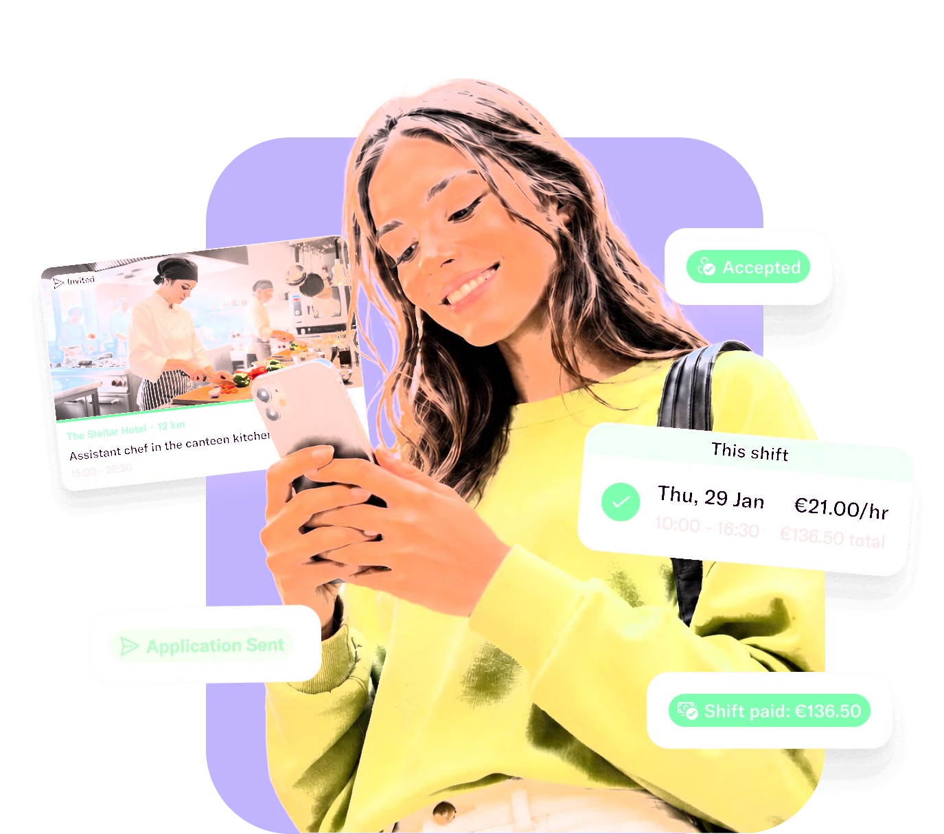 Smiling professional using the Temper app, with app cards for an accepted shift, a sent application and a paid shift
