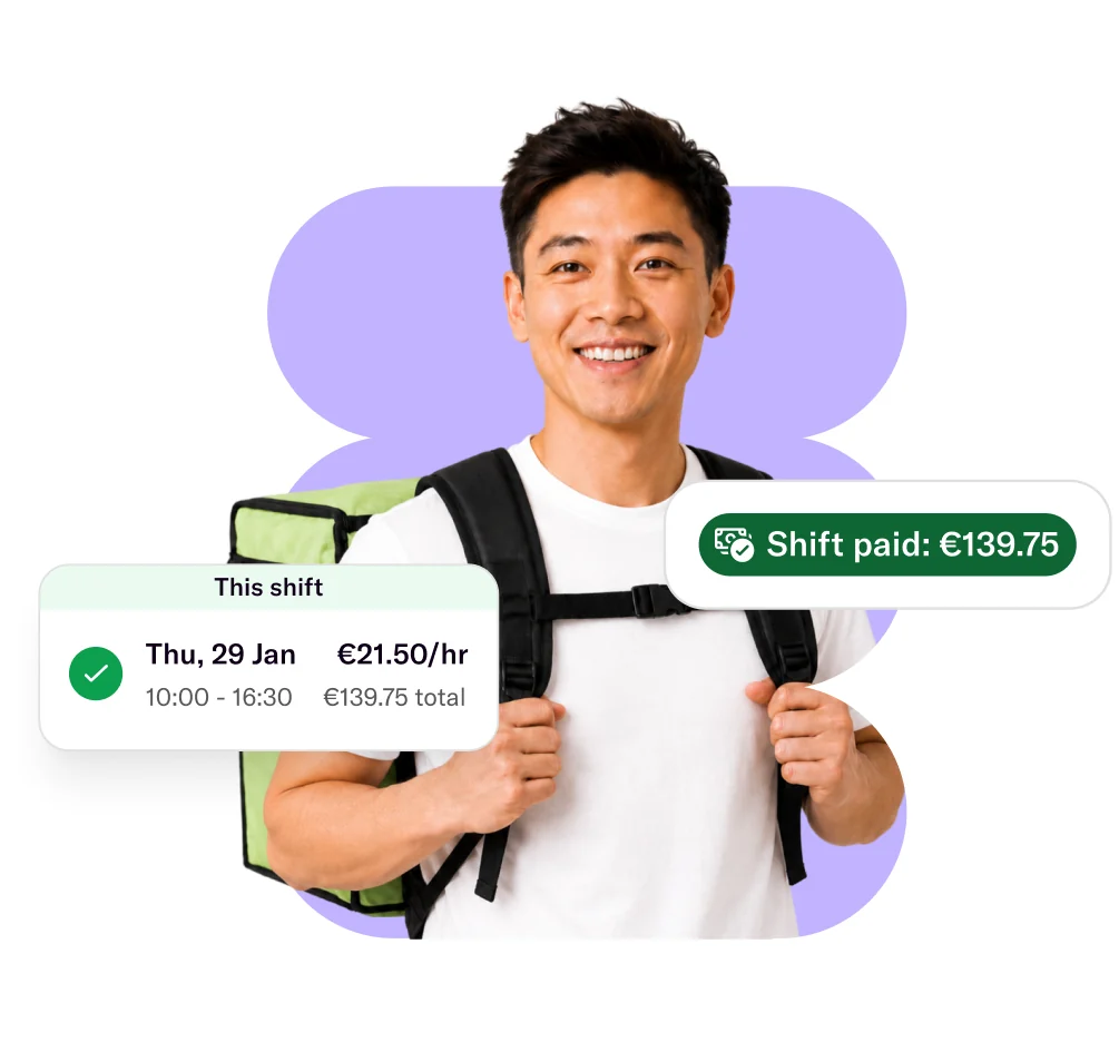 Professional with a delivery backpack, next to a Temper shift card for €21.50 per hour and a 'Shift paid: €139.75' label