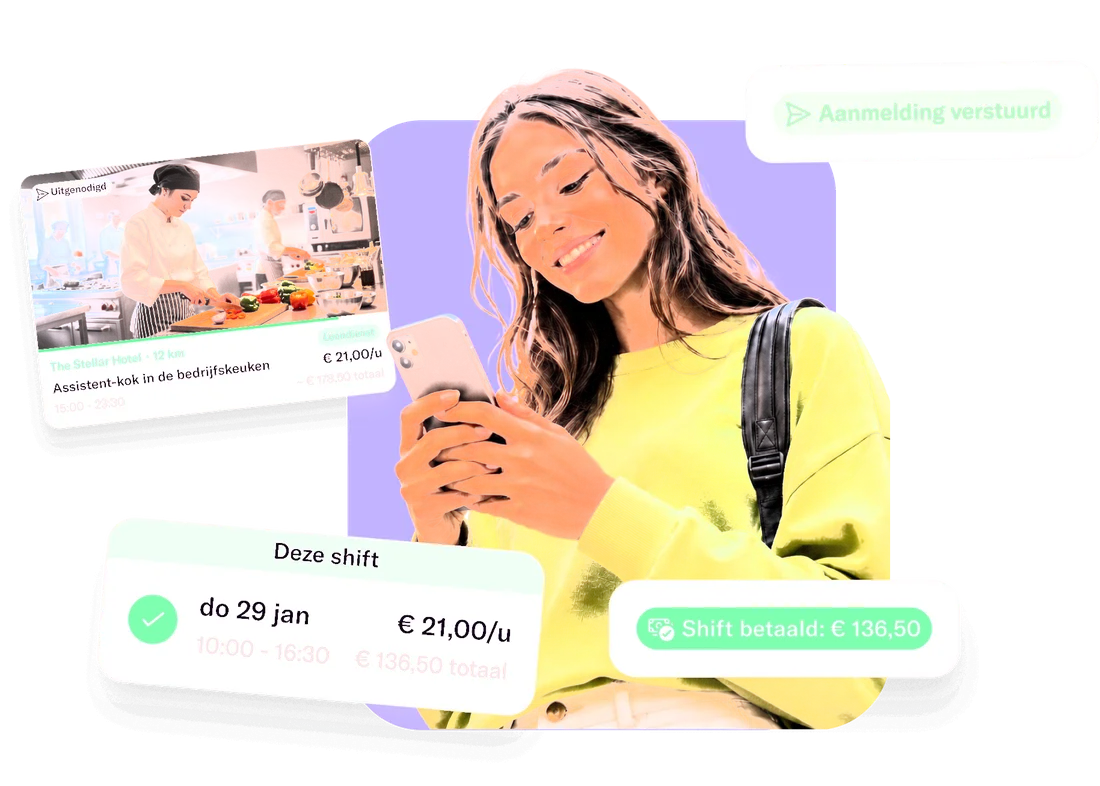 Lachende professional met de Temper app, met kaartjes voor een uitnodiging voor een shift, de details van de shift, een verstuurde aanmelding en een betaalde shift