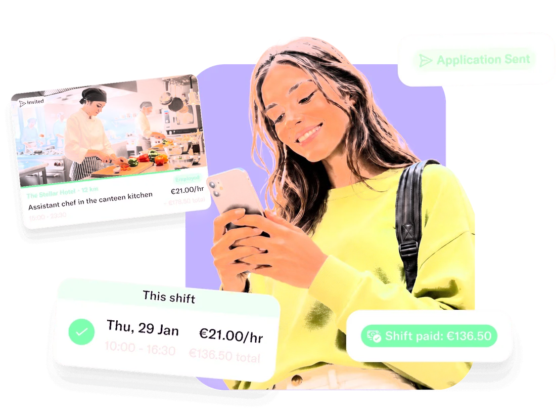 Smiling professional using the Temper app, with app cards for an invited shift, this shift's details, a sent application and a paid shift