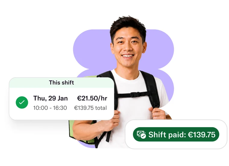 Professional with a delivery backpack, next to a Temper shift card for €21.50 per hour and a 'Shift paid: €139.75' label