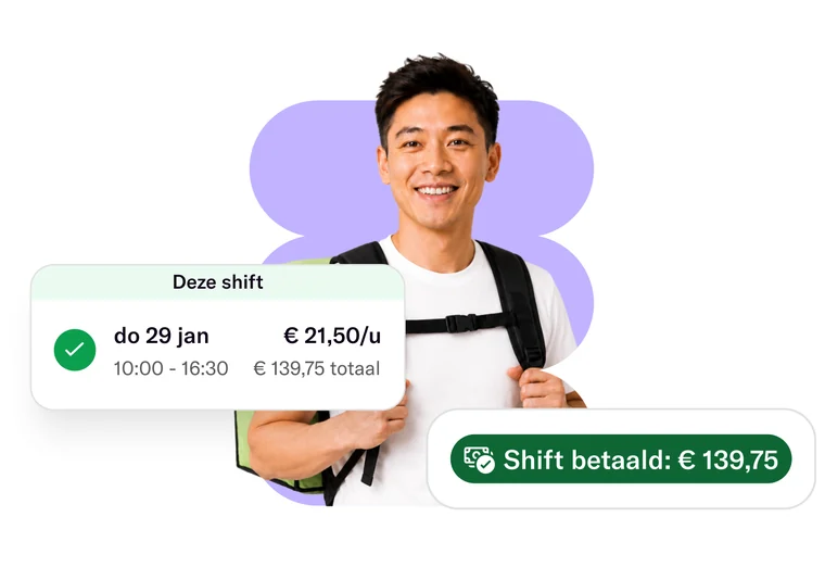 Professional met een bezorgrugzak, naast een Temper shiftkaart van € 21,50 per uur en een label 'Shift betaald: € 139,75'