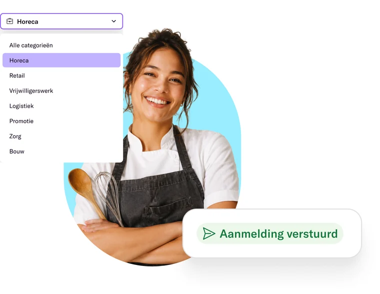 Lachende kok naast het categoriefilter van Temper en een label 'Aanmelding verstuurd'
